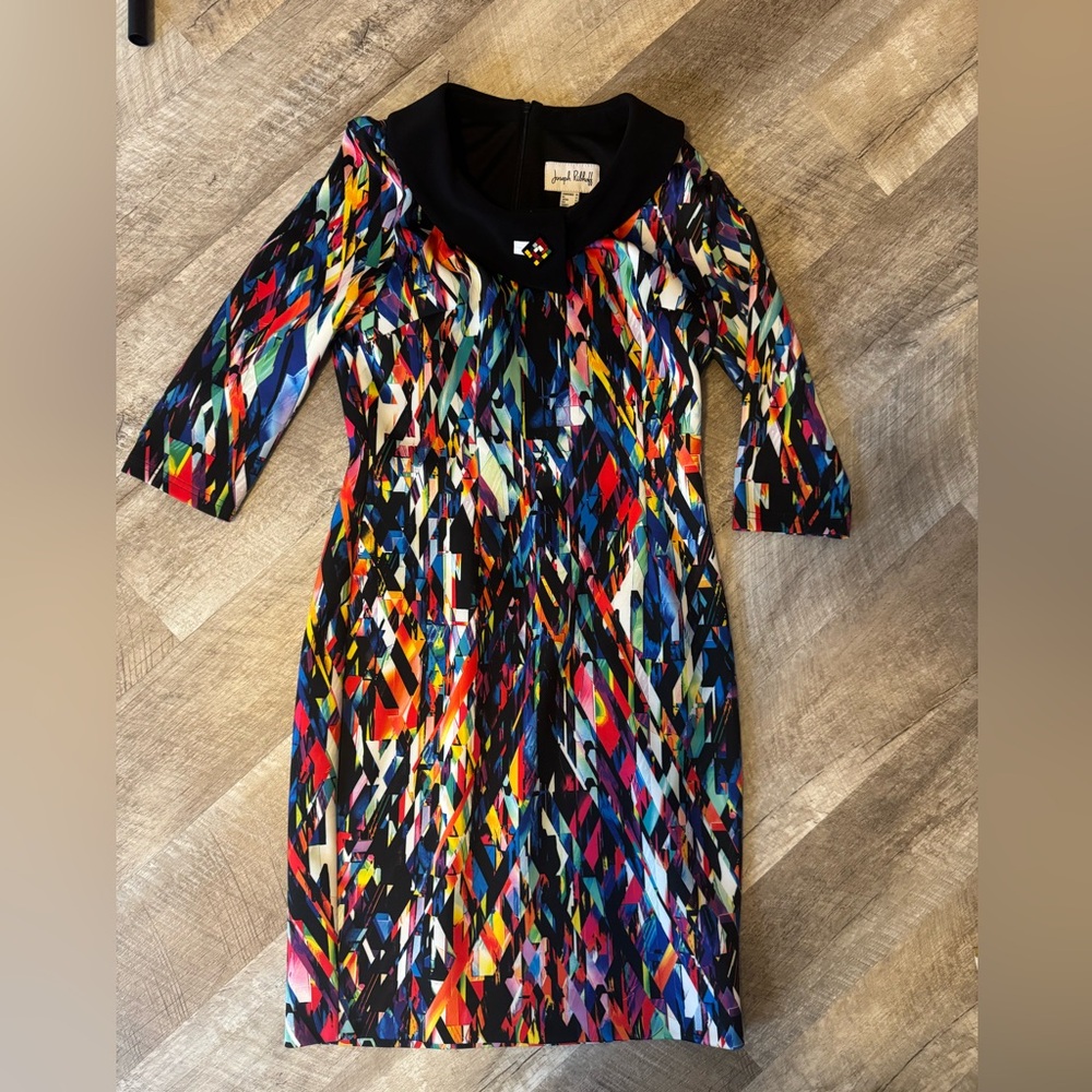 Joseph Ribkoff Multicolor Geometric Midi Dress with Black Collar